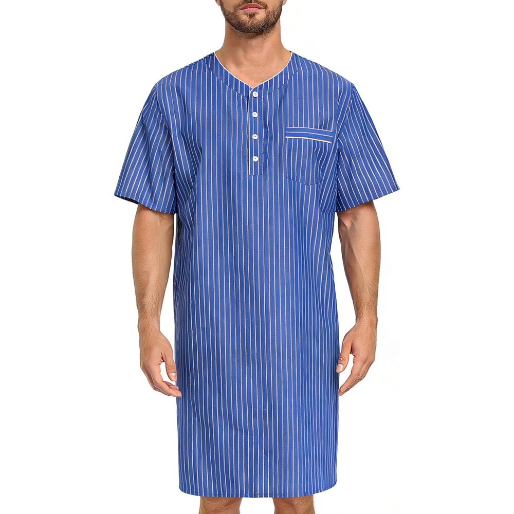 image:imageSWOMOG Mens Nightshirt 100 Cotton Short Sleeve Nightgown Button Down Sleep Shirt Comfy Nightwear Soft SleepwearLight Blue White Stripes