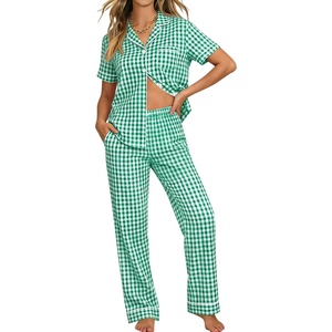 SWOMOG 100% Cotton Pajamas for Women Set 2PCS Button-Down Lounge Pjs Short Sleeve Tops and Long-Pants with Pocket(Green Plaid)