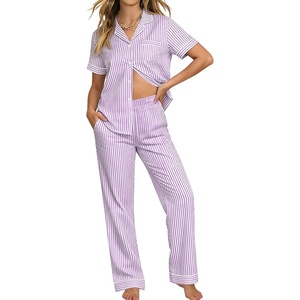 SWOMOG 100% Cotton Pajamas for Women Set 2PCS Button-Down Lounge Pjs Short Sleeve Tops and Long-Pants with Pocket(Purple&white Stripes)