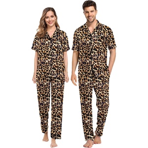 SWOMOG Couples Pajamas Sets Women & Men Satin Short Sleeve Sleepwear Button Down Loungewear Pjs Sets with Long Pants(Leopard Print)