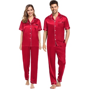 SWOMOG Couples Pajamas Sets Women & Men Satin Short Sleeve Sleepwear Button Down Loungewear Pjs Sets with Long Pants(Red)