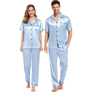 SWOMOG Couples Pajamas Sets Women & Men Satin Short Sleeve Sleepwear Button Down Loungewear Pjs Sets with Long Pants(Sky Blue)