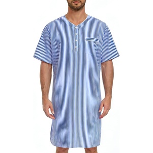 SWOMOG Mens Nightshirt 100% Cotton Short Sleeve Nightgown Button Down Sleep Shirt Comfy Nightwear Soft Sleepwear(Blue Stripes)