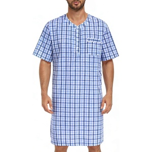 SWOMOG Mens Nightshirt 100% Cotton Short Sleeve Nightgown Button Down Sleep Shirt Comfy Nightwear Soft Sleepwear(Blue White Plaid)
