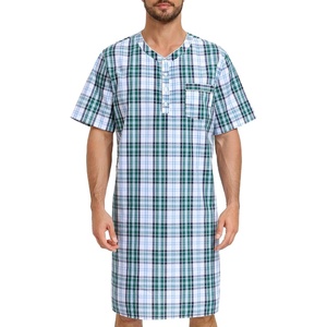 SWOMOG Mens Nightshirt 100% Cotton Short Sleeve Nightgown Button Down Sleep Shirt Comfy Nightwear Soft Sleepwear(Grey White Plaid)