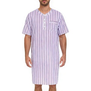 SWOMOG Mens Nightshirt 100% Cotton Short Sleeve Nightgown Button Down Sleep Shirt Comfy Nightwear Soft Sleepwear(White Stripes)