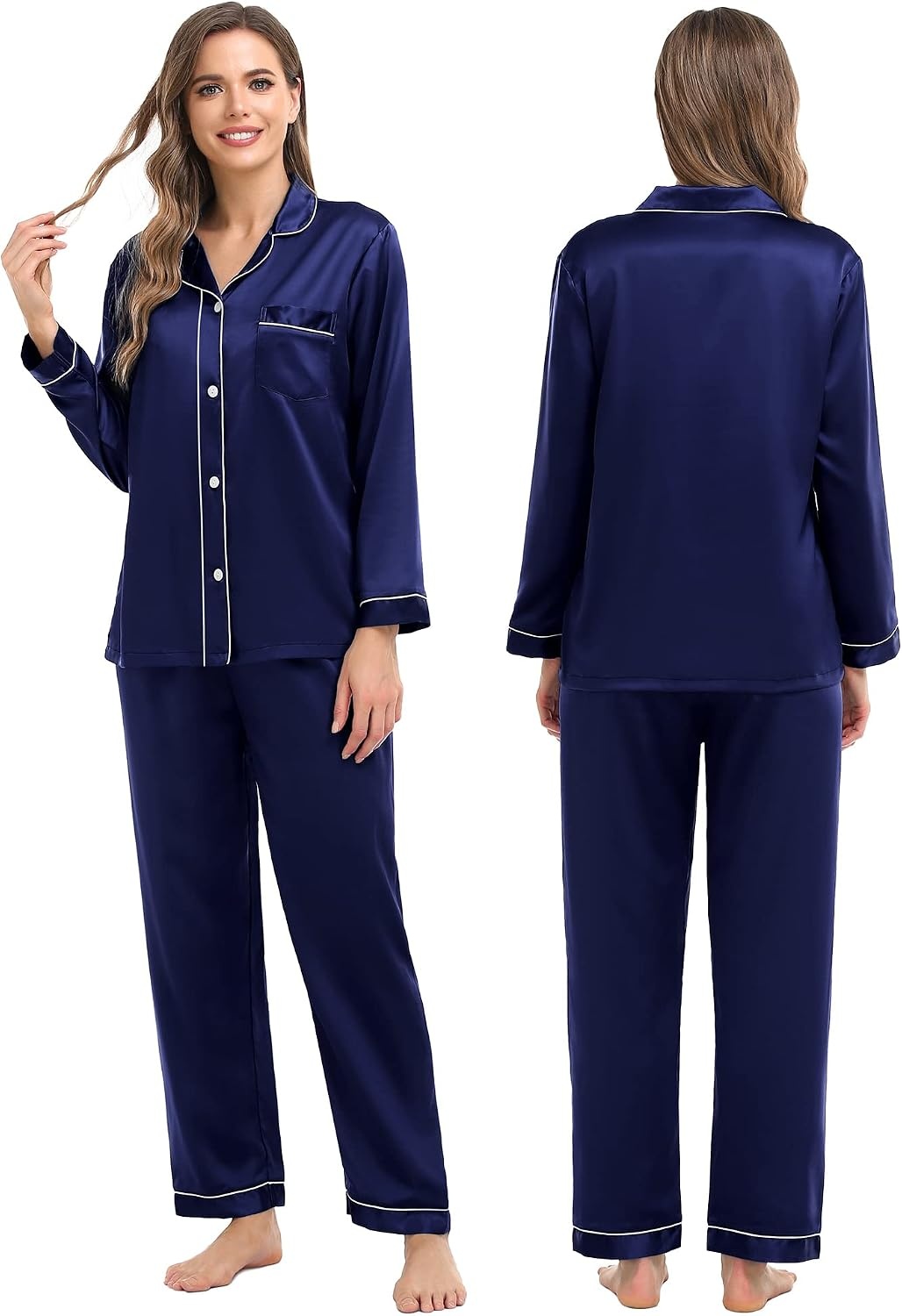 image:imageSWOMOG Family Matching Pajamas Set Silk Satin Button Down Sleepwear Long Sleeve Nightwear 2 Pcs Pj Set SXXLDeep Navy Blue