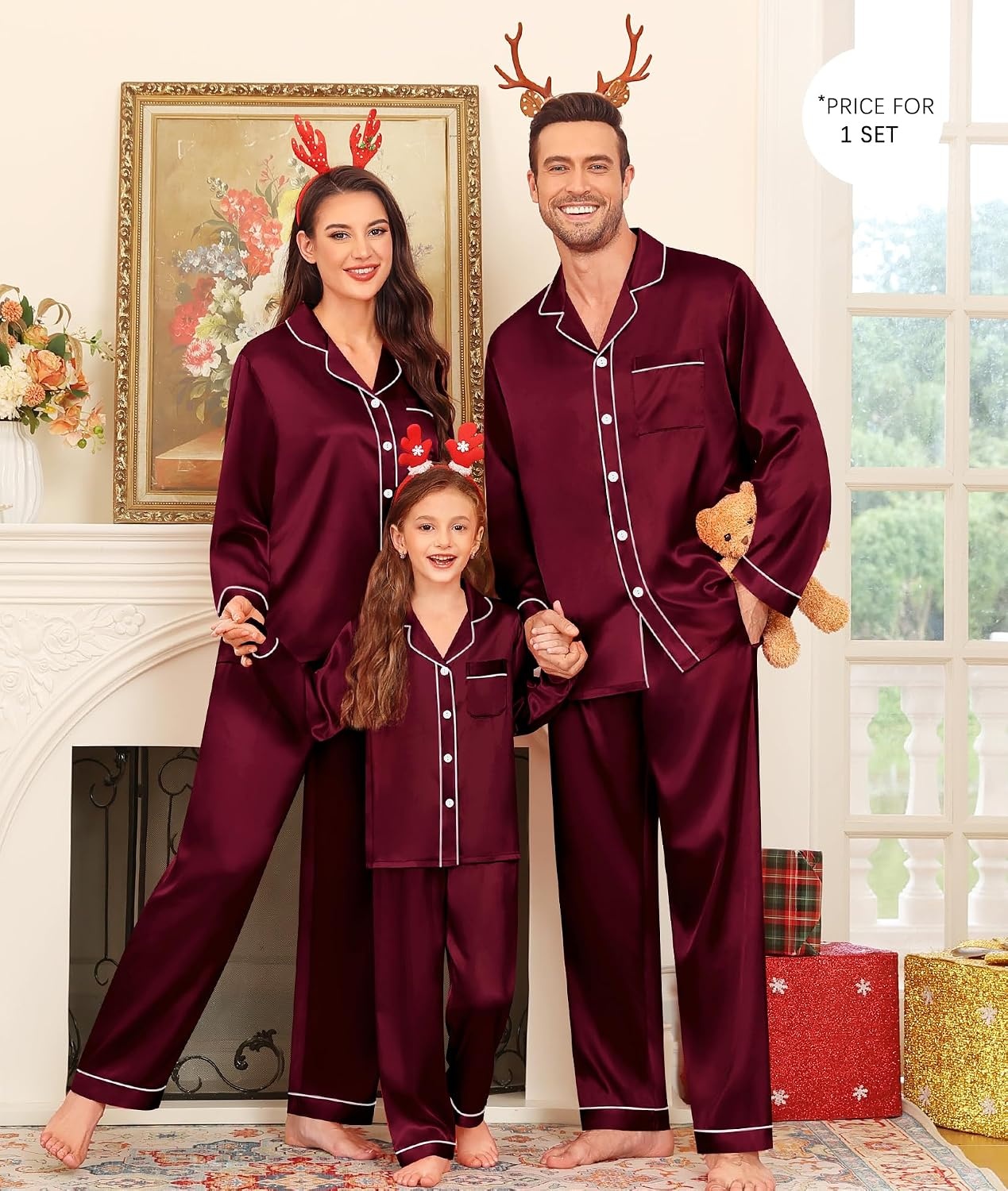 image:imageSWOMOG Family Matching Pajamas Set Silk Satin Button Down Sleepwear Long Sleeve Nightwear 2 Pcs Pj Set SXXLDeep Wine Red