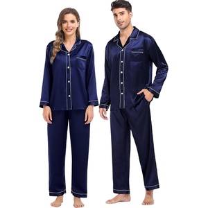 SWOMOG Family Matching Pajamas Set Silk Satin Button Down Sleepwear Long Sleeve Nightwear 2 Pcs Pj Set S-XXL(Deep Navy Blue)