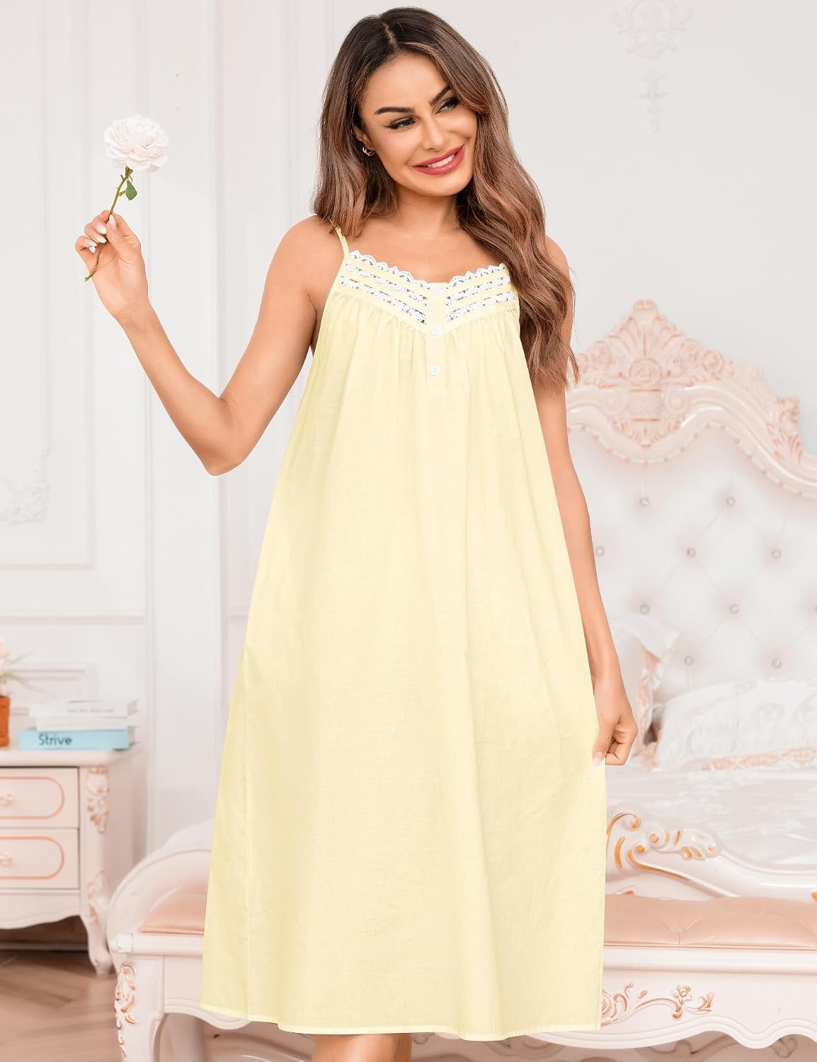 image:imageSWOMOG 100 Cotton Nightgowns for Women Lace Nightgown Sleeveless Sleep Dress Victorian Sleepshirt Button Strap GownLight Yellow