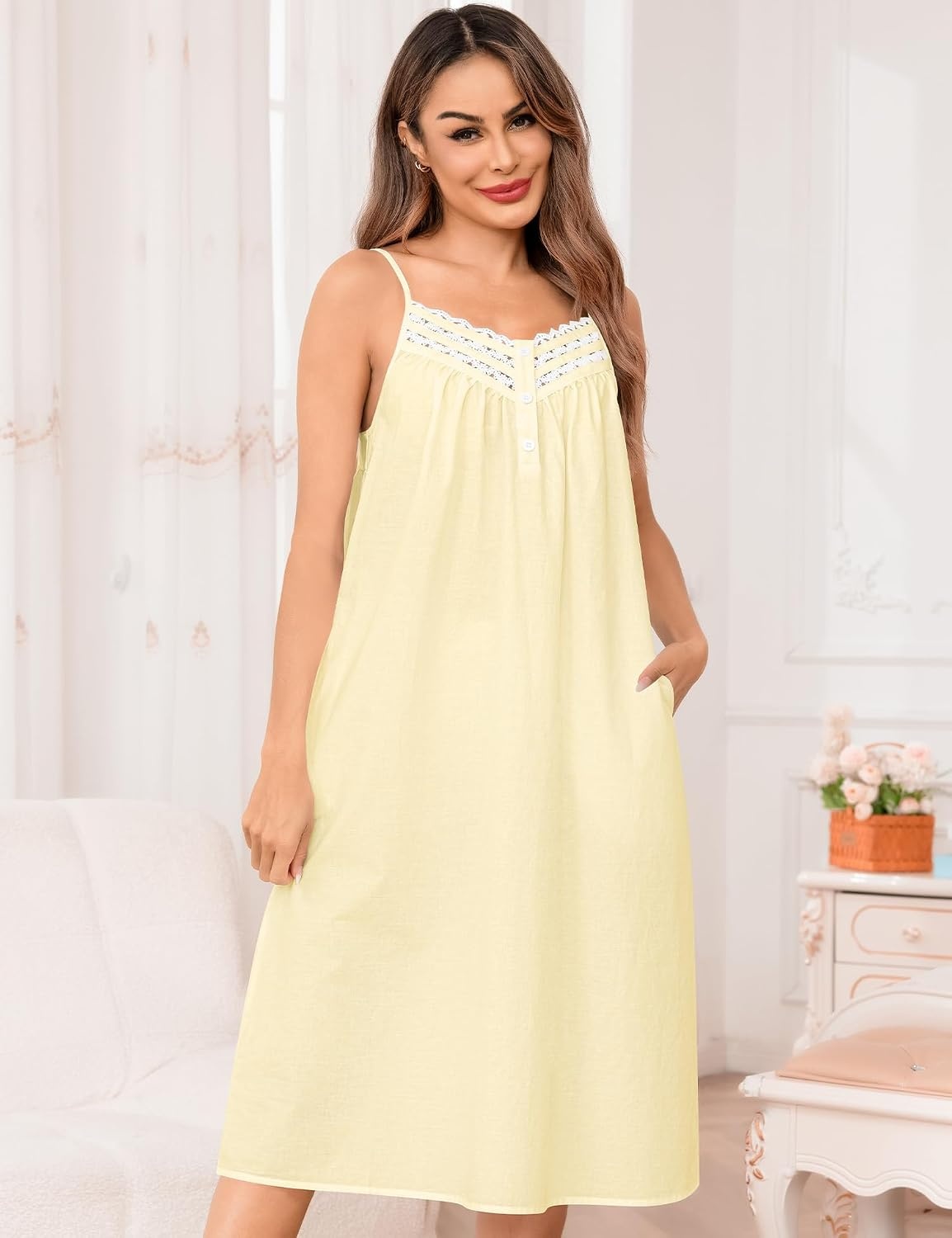 image:imageSWOMOG 100 Cotton Nightgowns for Women Lace Nightgown Sleeveless Sleep Dress Victorian Sleepshirt Button Strap GownLight Yellow