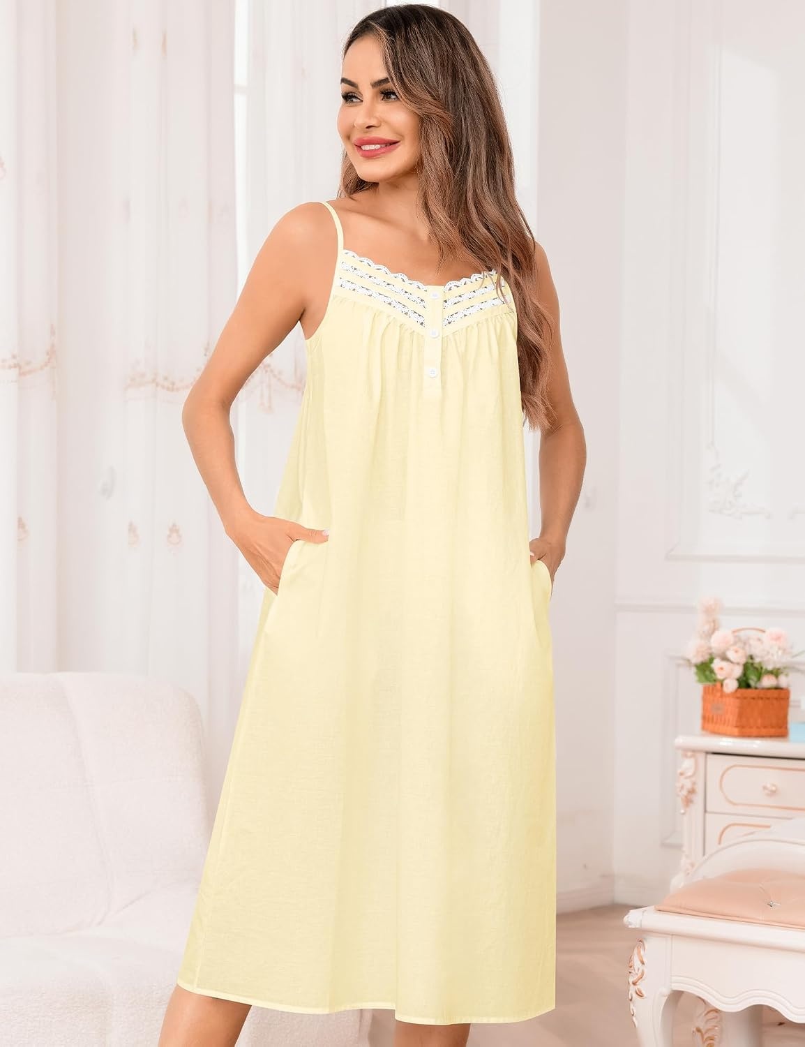 image:imageSWOMOG 100 Cotton Nightgowns for Women Lace Nightgown Sleeveless Sleep Dress Victorian Sleepshirt Button Strap GownLight Yellow