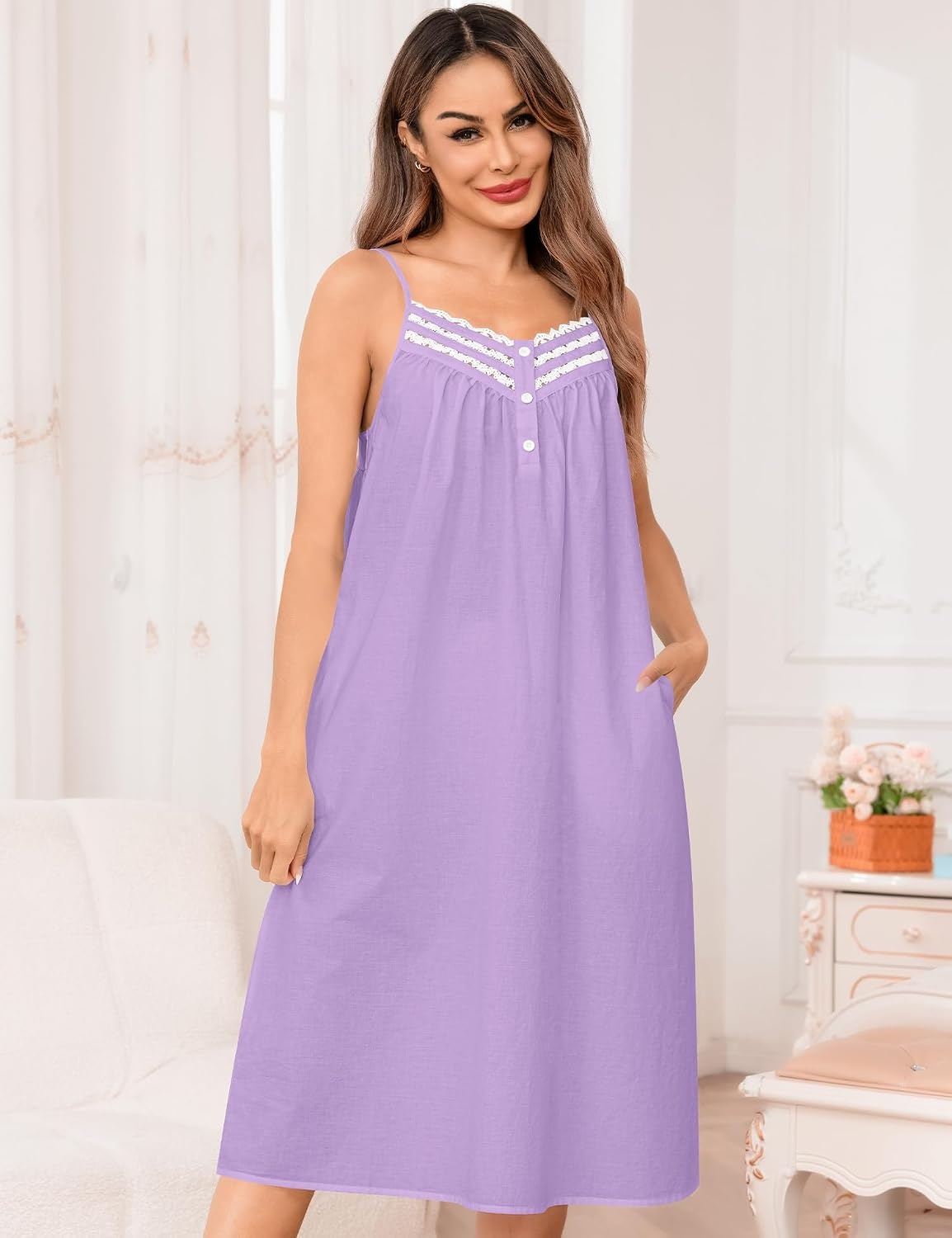 image:imageSWOMOG 100 Cotton Nightgowns for Women Lace Nightgown Sleeveless Sleep Dress Victorian Sleepshirt Button Strap GownPurple