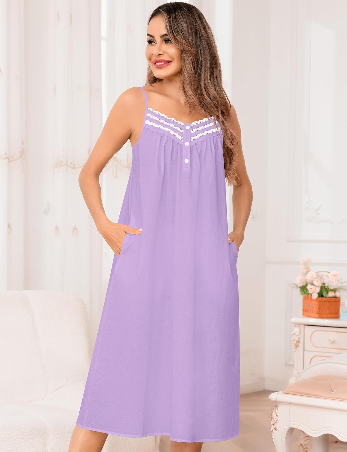 image:imageSWOMOG 100 Cotton Nightgowns for Women Lace Nightgown Sleeveless Sleep Dress Victorian Sleepshirt Button Strap GownPurple