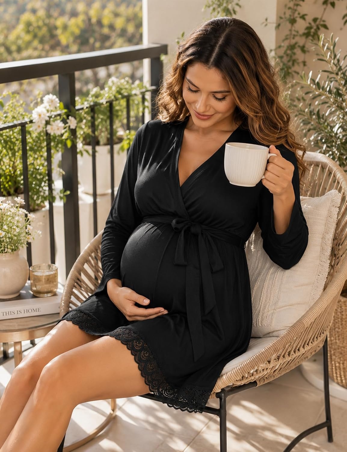image:imageSWOMOG Womens Maternity Nursing Robe Pregnancy Breastfeeding Bathrobes 3 in 1 Labor Delivery NightgownBlack