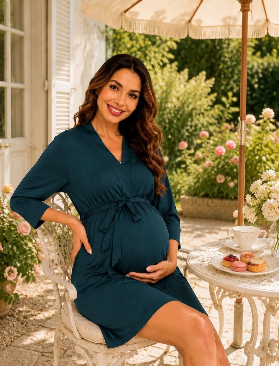 image:imageSWOMOG Womens Maternity Nursing Robe Pregnancy Breastfeeding Bathrobes 3 in 1 Labor Delivery NightgownBlue Green