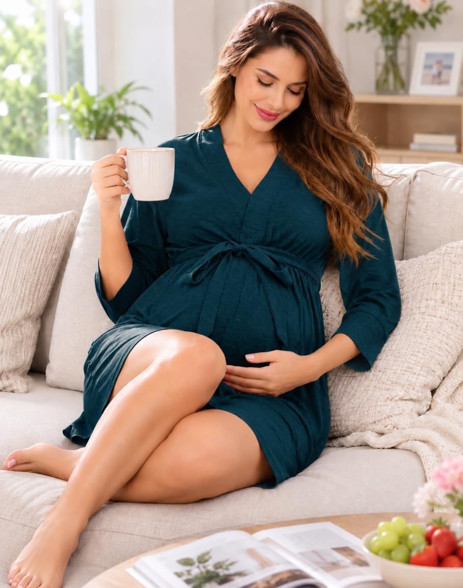 image:imageSWOMOG Womens Maternity Nursing Robe Pregnancy Breastfeeding Bathrobes 3 in 1 Labor Delivery NightgownBlue Green