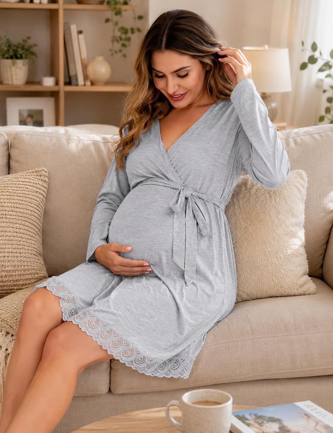 image:imageSWOMOG Womens Maternity Nursing Robe Pregnancy Breastfeeding Bathrobes 3 in 1 Labor Delivery NightgownGray