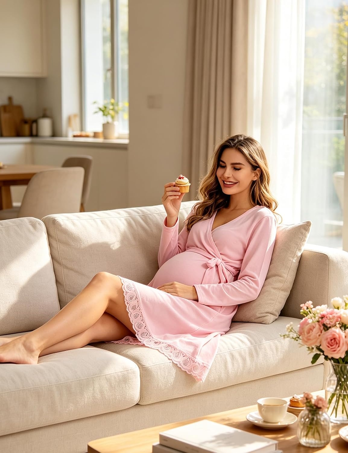 image:imageSWOMOG Womens Maternity Nursing Robe Pregnancy Breastfeeding Bathrobes 3 in 1 Labor Delivery NightgownPink