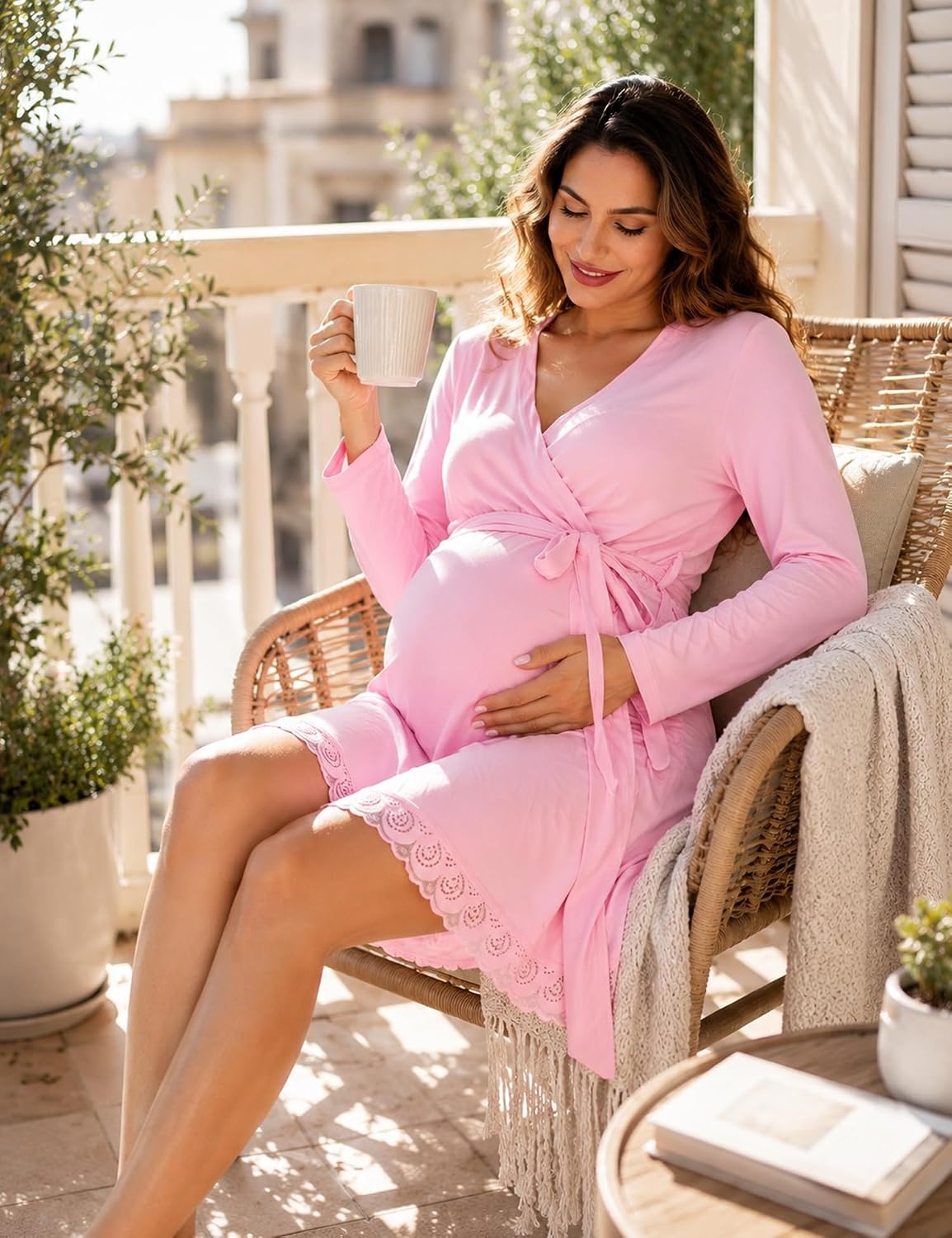 image:imageSWOMOG Womens Maternity Nursing Robe Pregnancy Breastfeeding Bathrobes 3 in 1 Labor Delivery NightgownPink