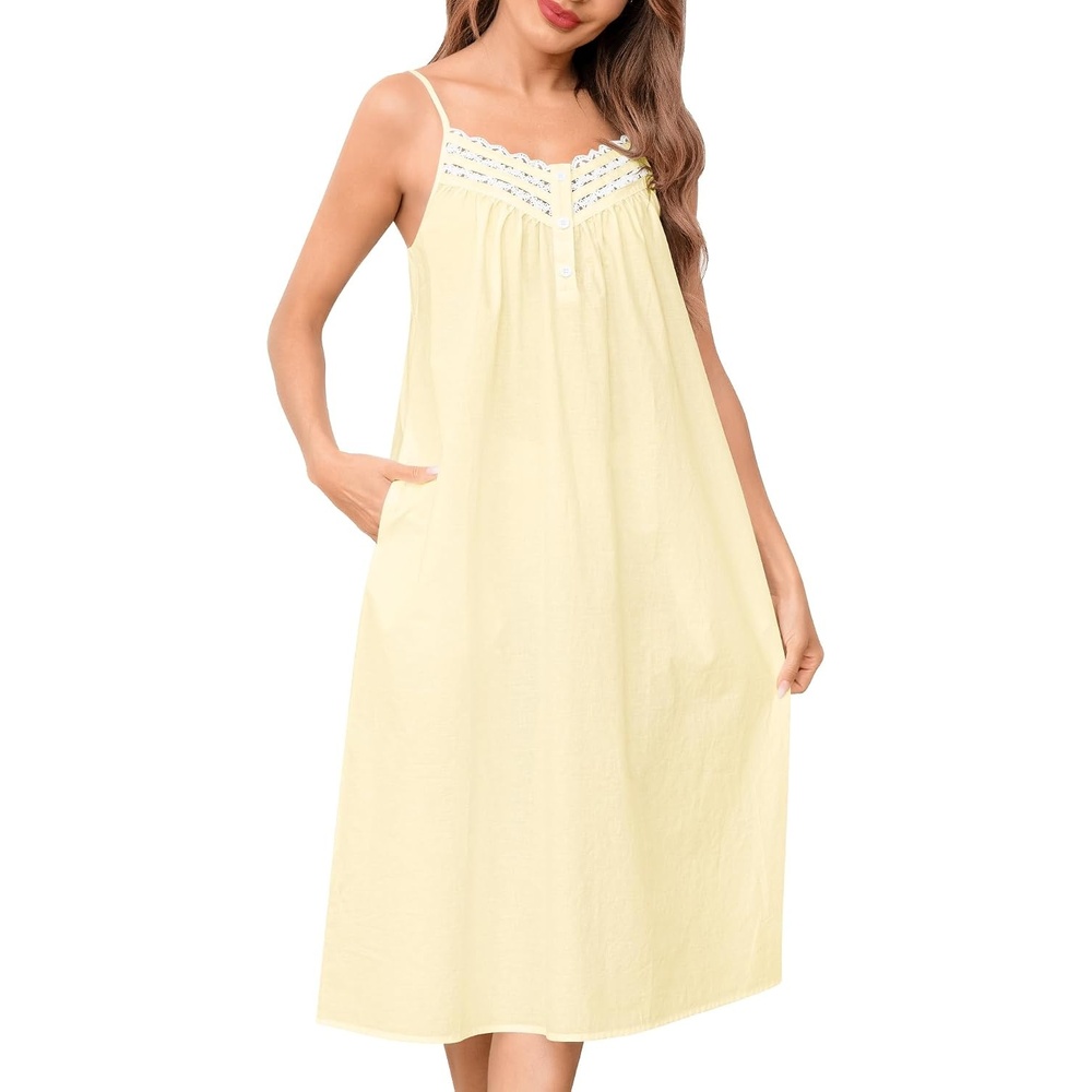 image:imageSWOMOG 100 Cotton Nightgowns for Women Lace Nightgown Sleeveless Sleep Dress Victorian Sleepshirt Button Strap GownLight Yellow