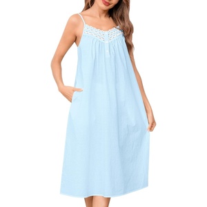 SWOMOG 100% Cotton Nightgowns for Women Lace Nightgown Sleeveless Sleep Dress Victorian Sleepshirt Button Strap Gown(Light Blue)