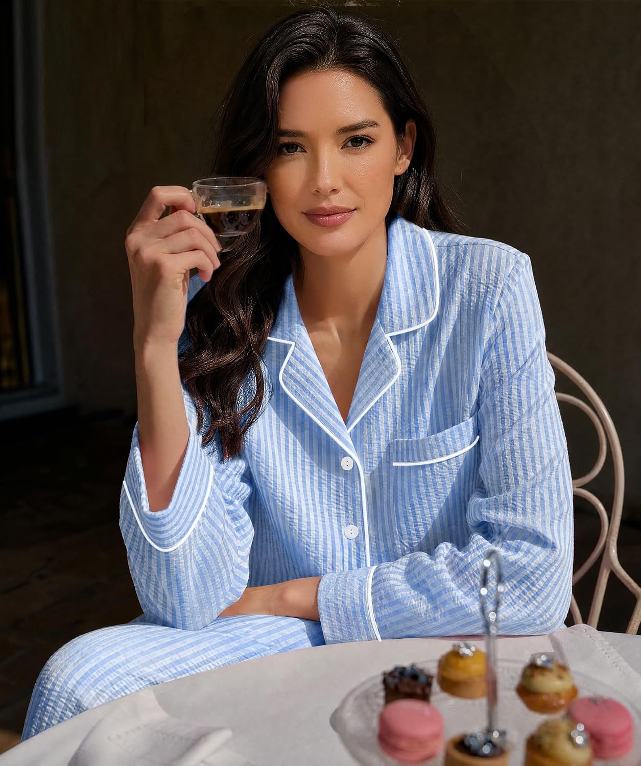 image:imageSWOMOG Womens Cotton Pajama Sets Long Sleeve Button Down Striped Sleep SetBlue Stripe