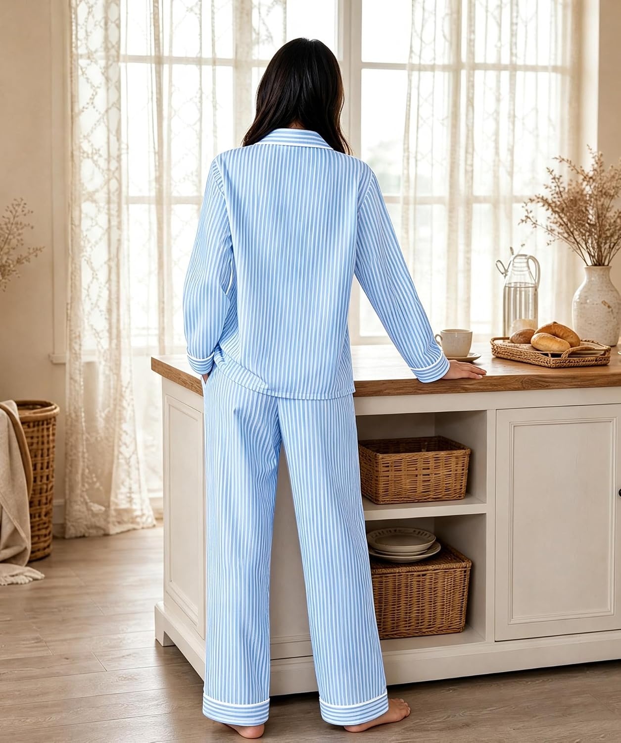 image:imageSWOMOG Womens Cotton Pajama Sets Long Sleeve Button Down Striped Sleep SetBlue Stripe