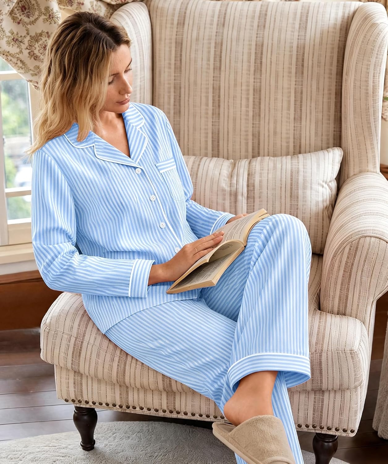 image:imageSWOMOG Womens Cotton Pajama Sets Long Sleeve Button Down Striped Sleep SetBlue Stripe