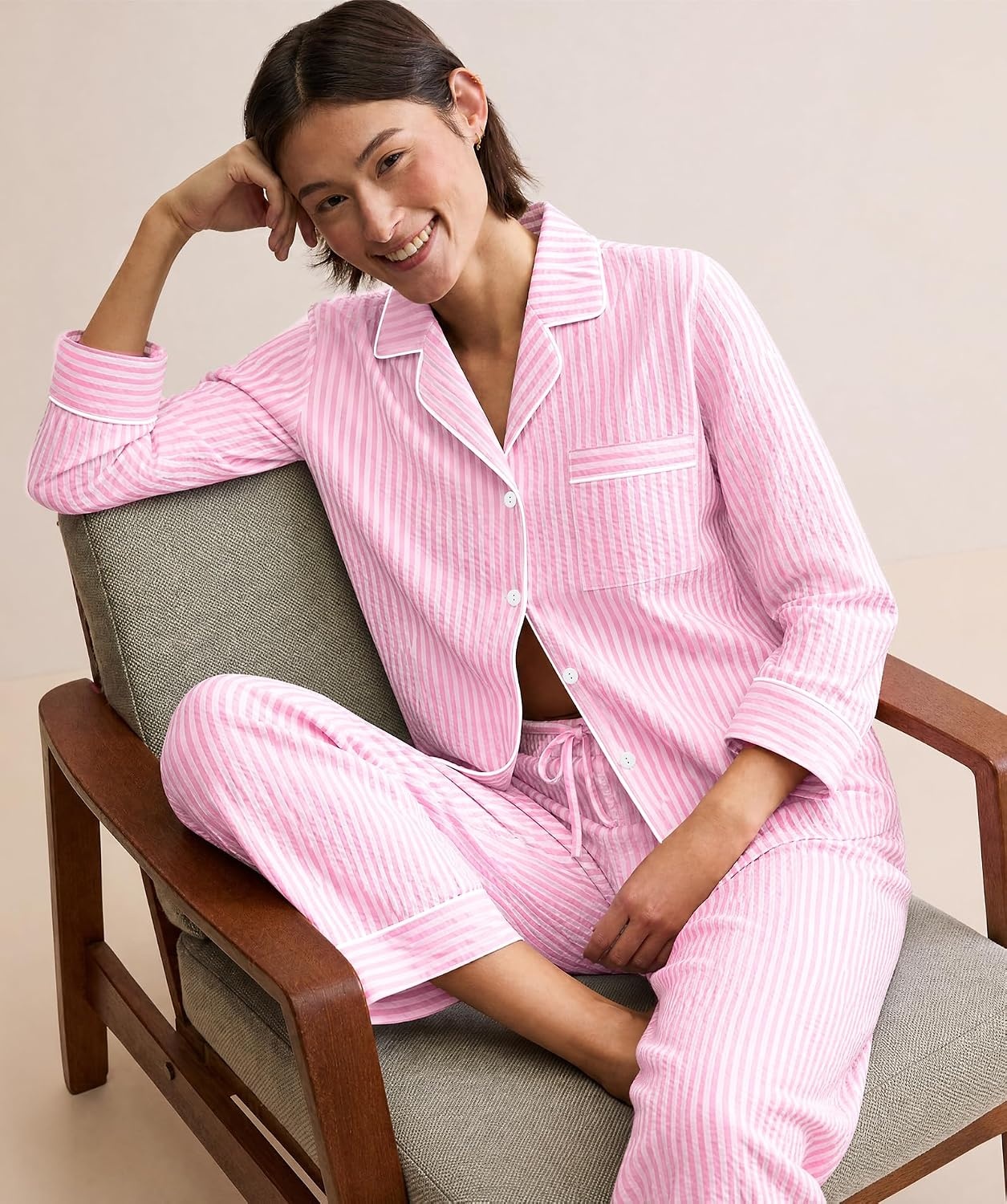 image:imageSWOMOG Womens Cotton Pajama Sets Long Sleeve Button Down Striped Sleep SetPink Stripe