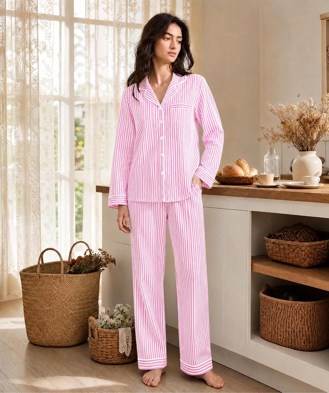 image:imageSWOMOG Womens Cotton Pajama Sets Long Sleeve Button Down Striped Sleep SetPink Stripe
