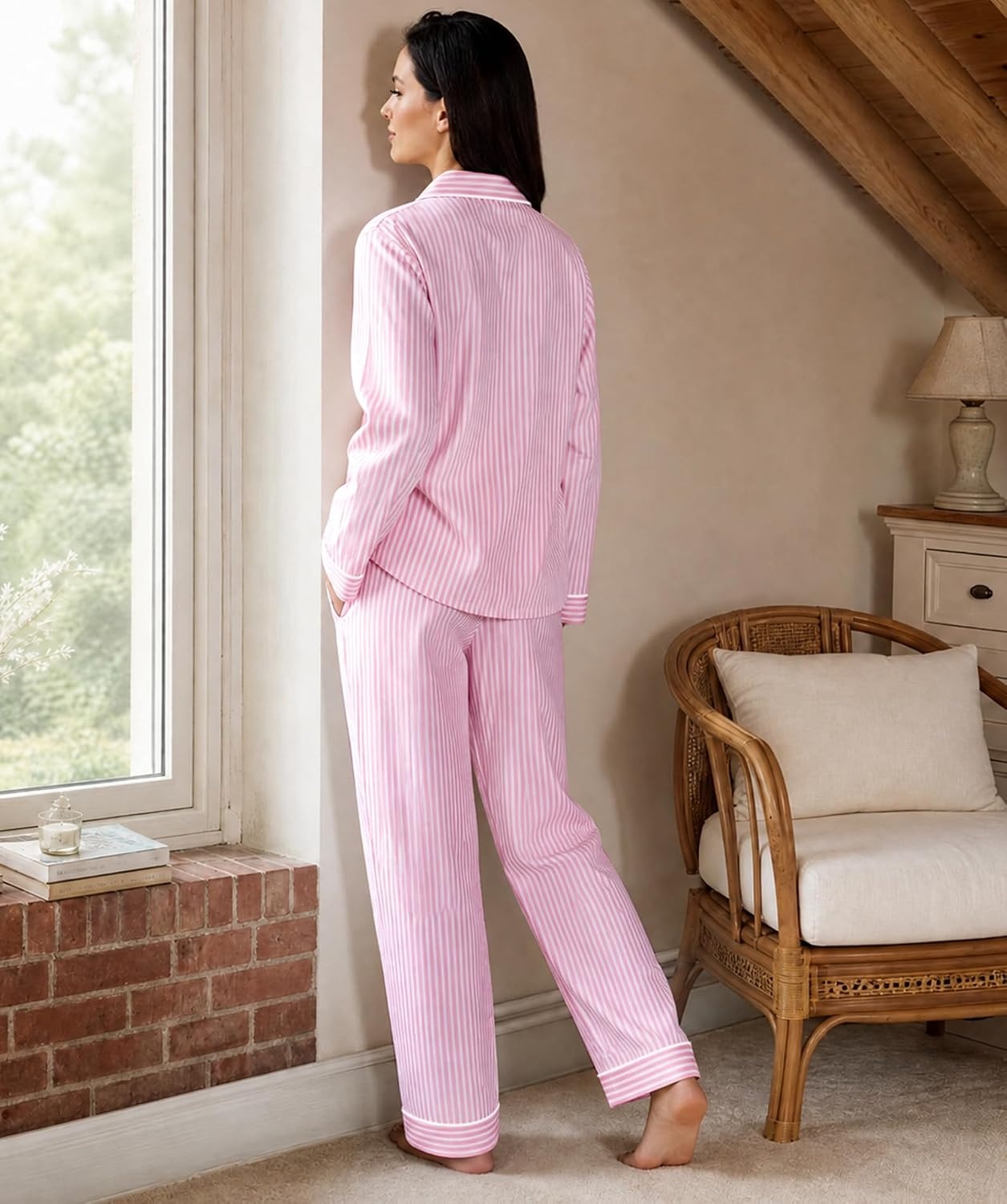 image:imageSWOMOG Womens Cotton Pajama Sets Long Sleeve Button Down Striped Sleep SetPink Stripe
