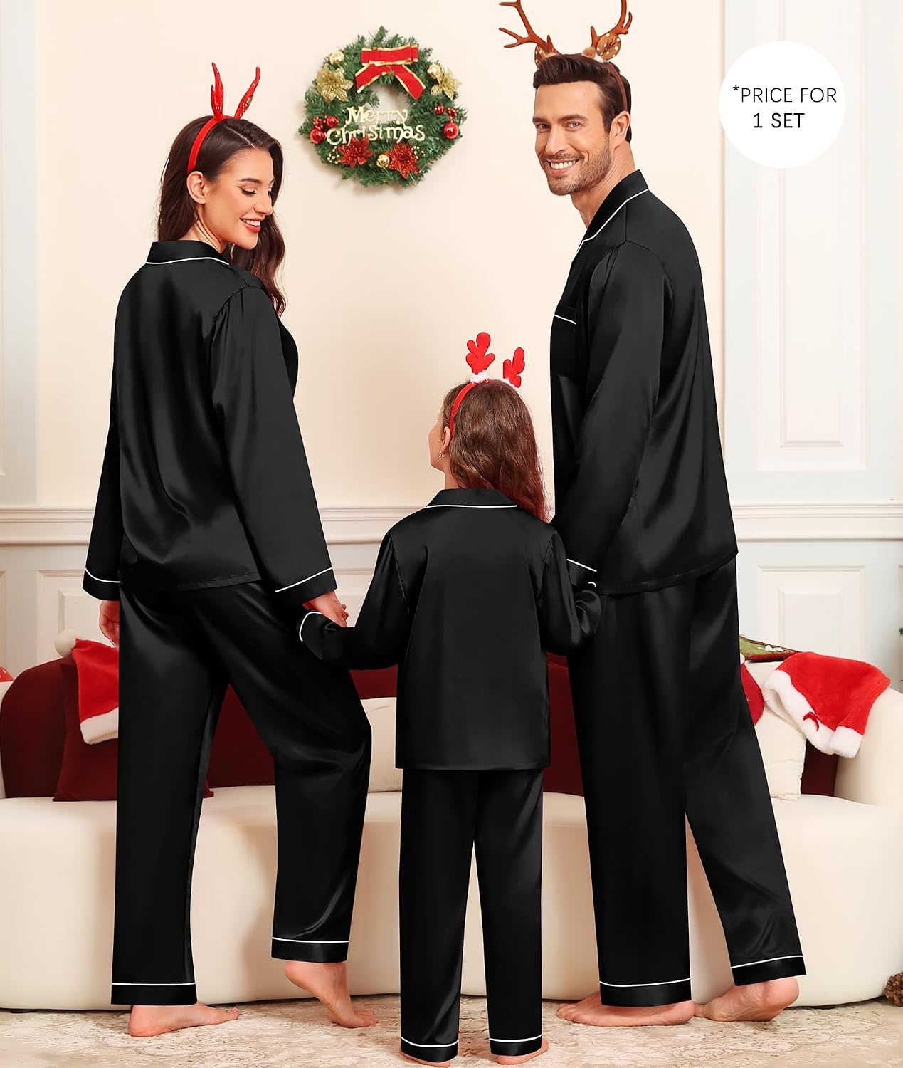 image:imageSWOMOGSilky Satin Family Matching Pajama Set Button Down 2 Pcs Pj SetBlack