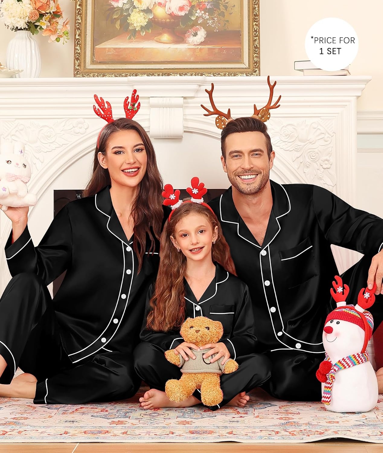 image:imageSWOMOGSilky Satin Family Matching Pajama Set Button Down 2 Pcs Pj SetBlack