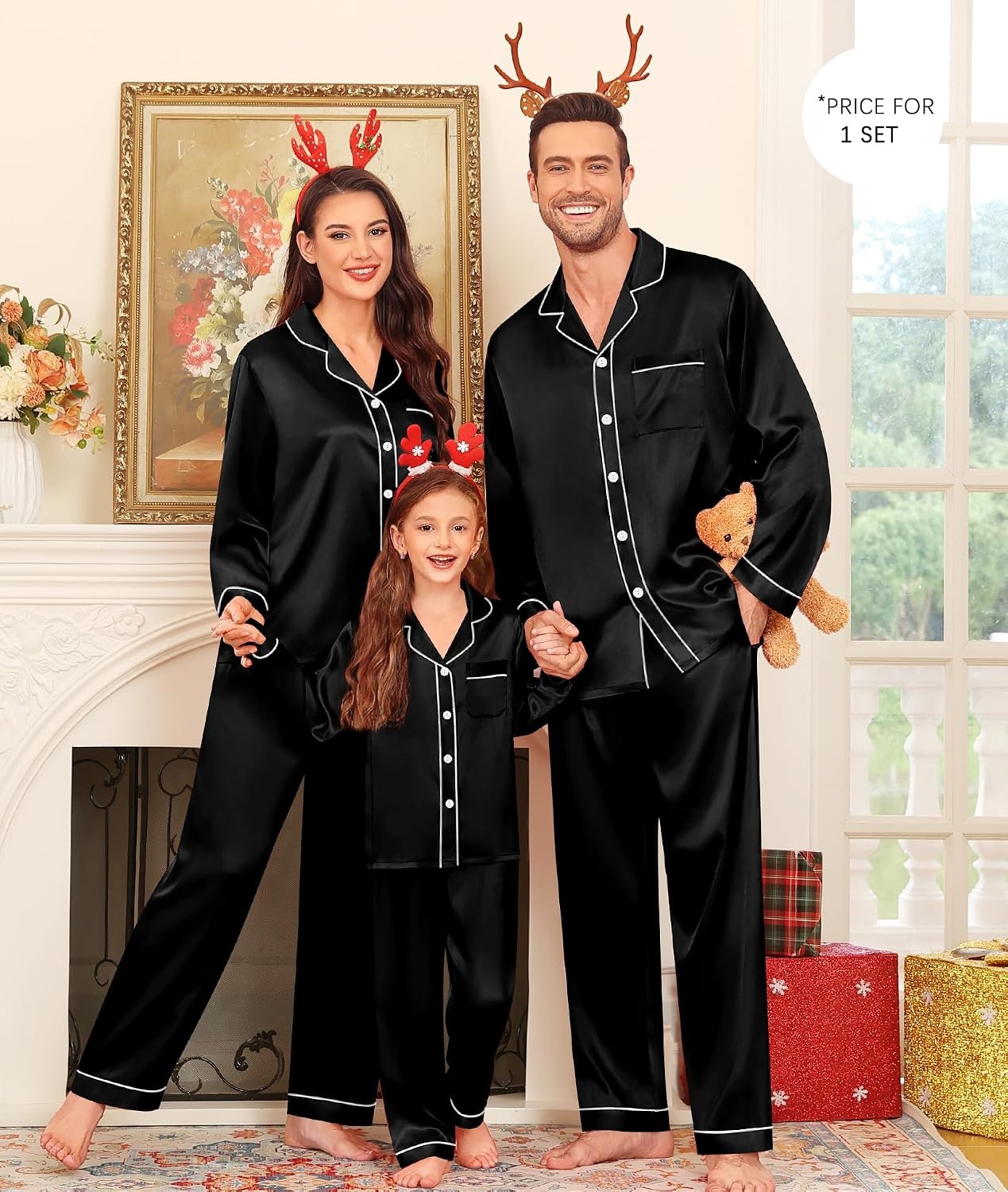 image:imageSWOMOGSilky Satin Family Matching Pajama Set Button Down 2 Pcs Pj SetBlack