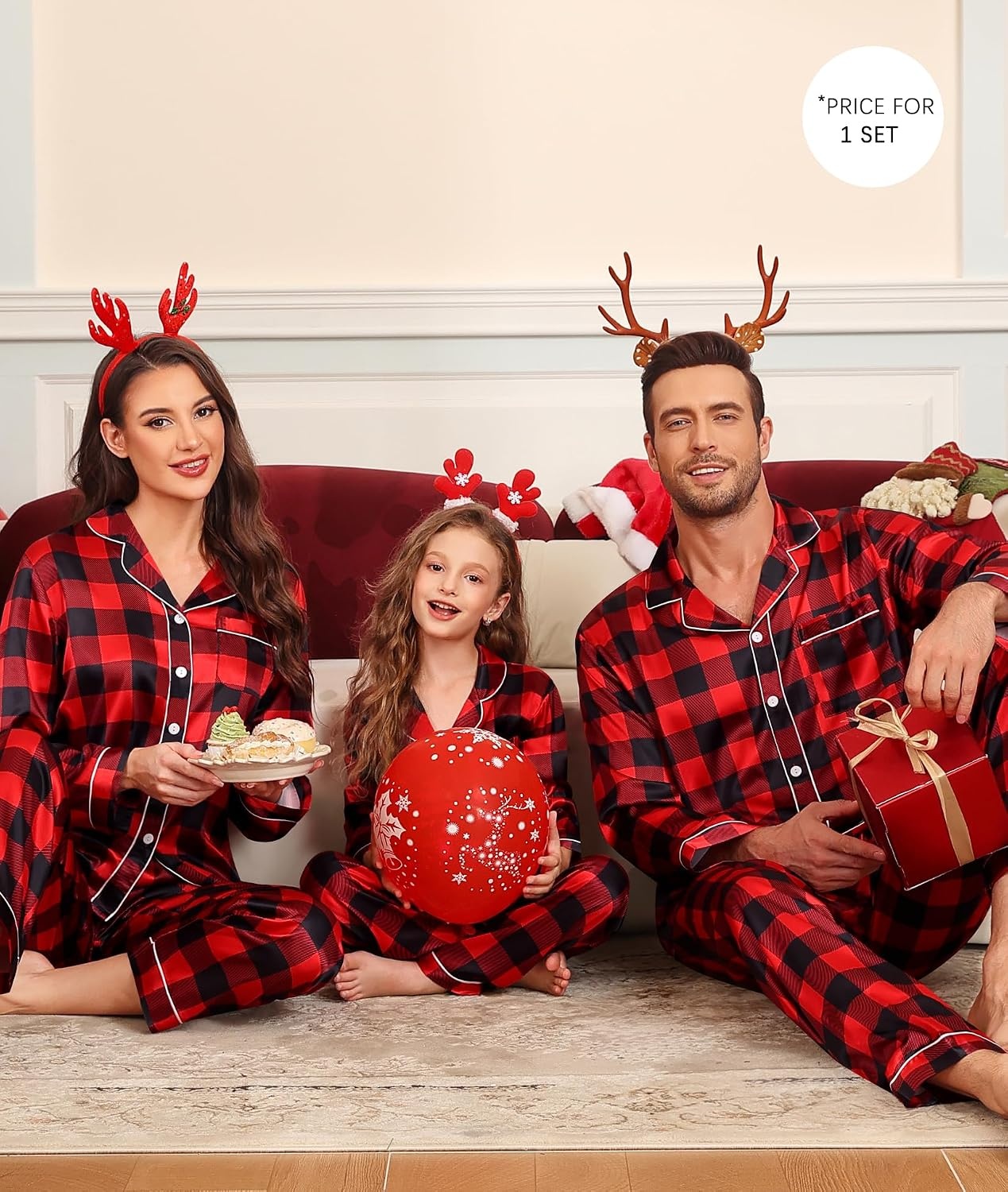 image:imageSWOMOGSilky Satin Family Matching Pajama Set Button Down 2 Pcs Pj SetBlack and Red Plaid