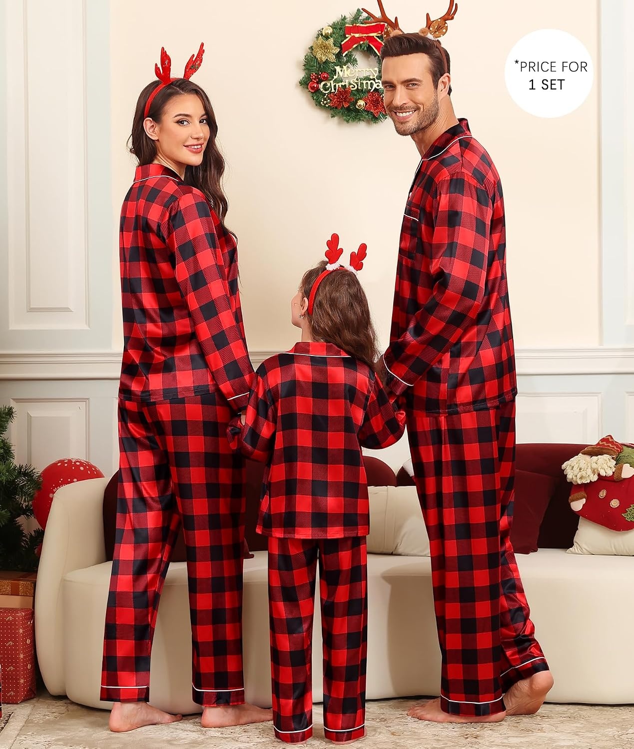 image:imageSWOMOGSilky Satin Family Matching Pajama Set Button Down 2 Pcs Pj SetBlack and Red Plaid
