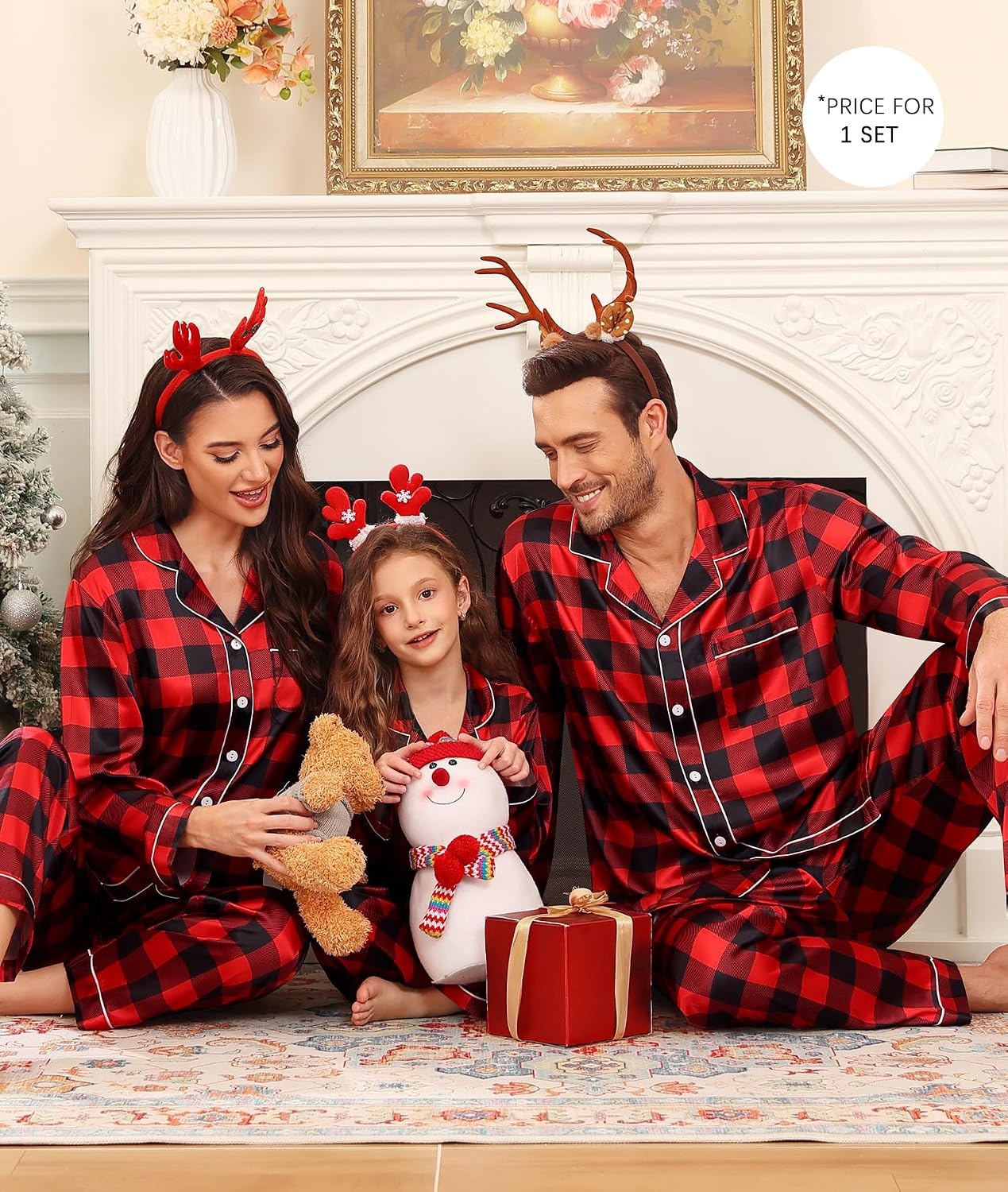 image:imageSWOMOGSilky Satin Family Matching Pajama Set Button Down 2 Pcs Pj SetBlack and Red Plaid