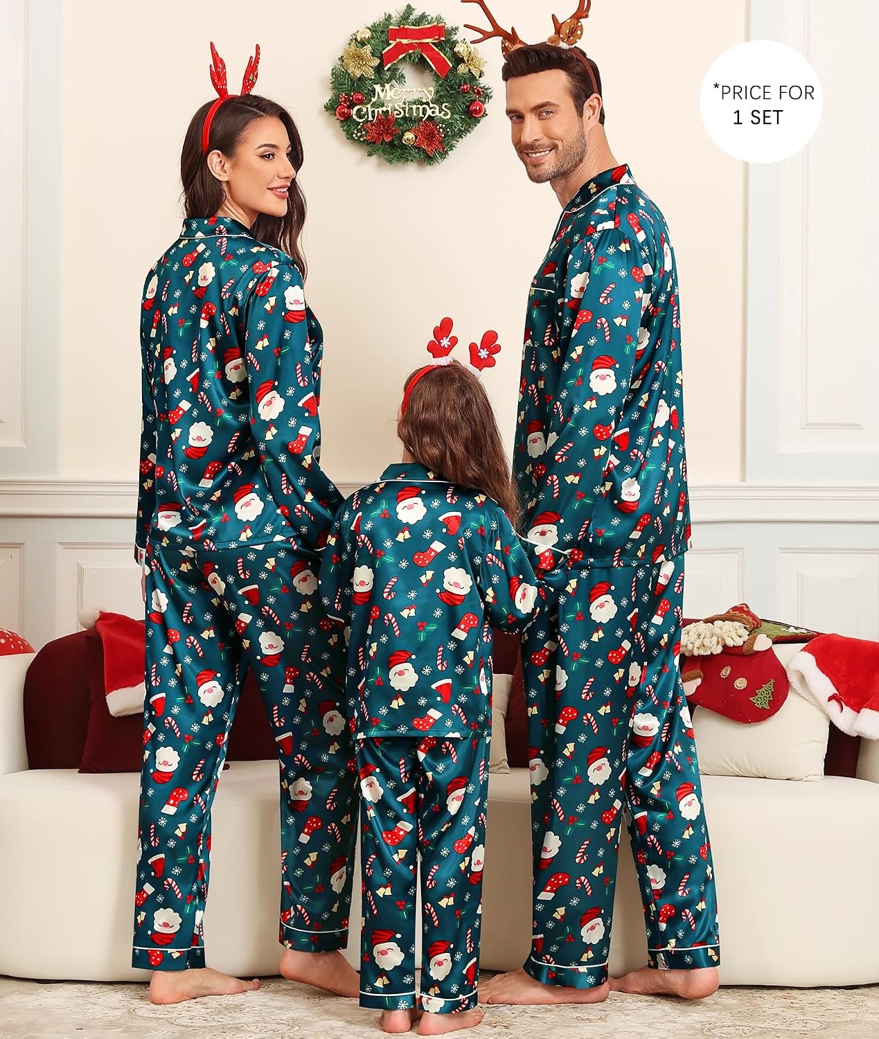 image:imageSWOMOGSilky Satin Family Matching Pajama Set Button Down 2 Pcs Pj SetChristmas Cute Print