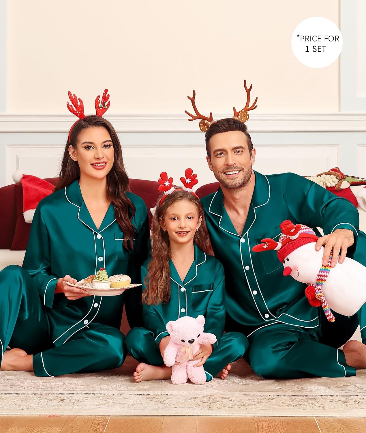 image:imageSWOMOGSilky Satin Family Matching Pajama Set Button Down 2 Pcs Pj SetGreen