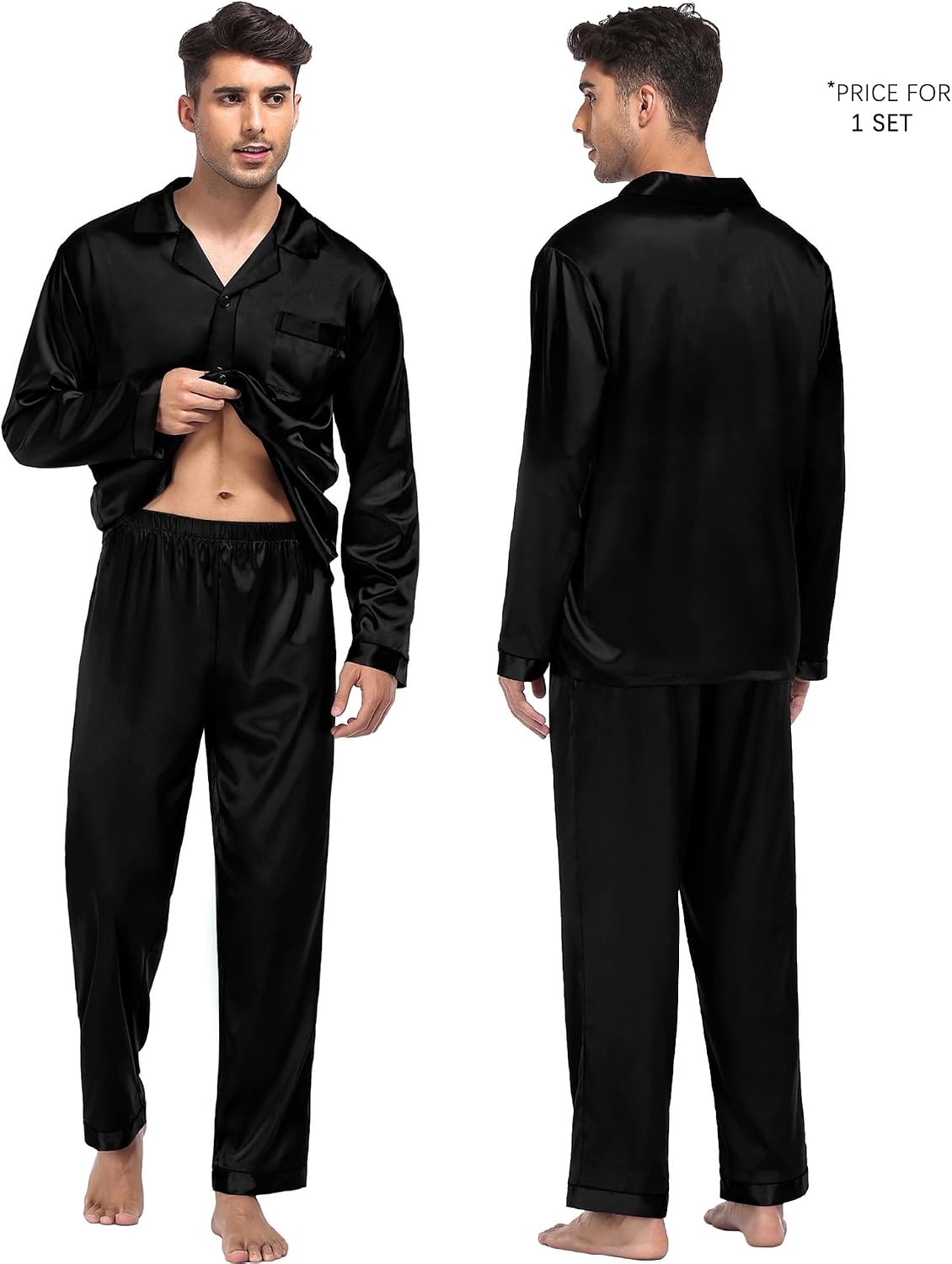 image:imageSWOMOGSilky Satin Family Matching Pajama Set Button Down 2 Pcs Pj SetPure Black