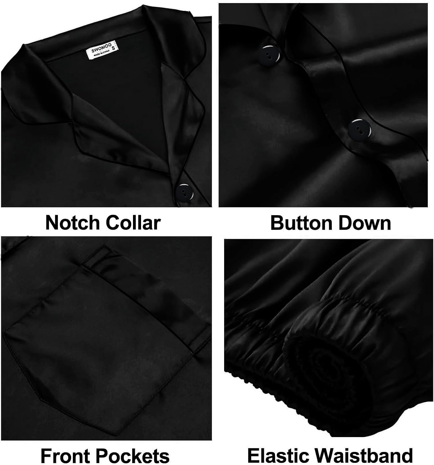 image:imageSWOMOGSilky Satin Family Matching Pajama Set Button Down 2 Pcs Pj SetPure Black