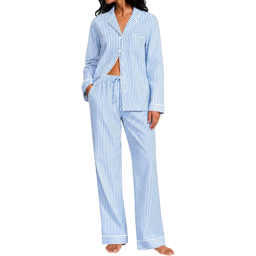 image:imageSWOMOG Womens Cotton Pajama Sets Long Sleeve Button Down Striped Sleep SetBlue Stripe