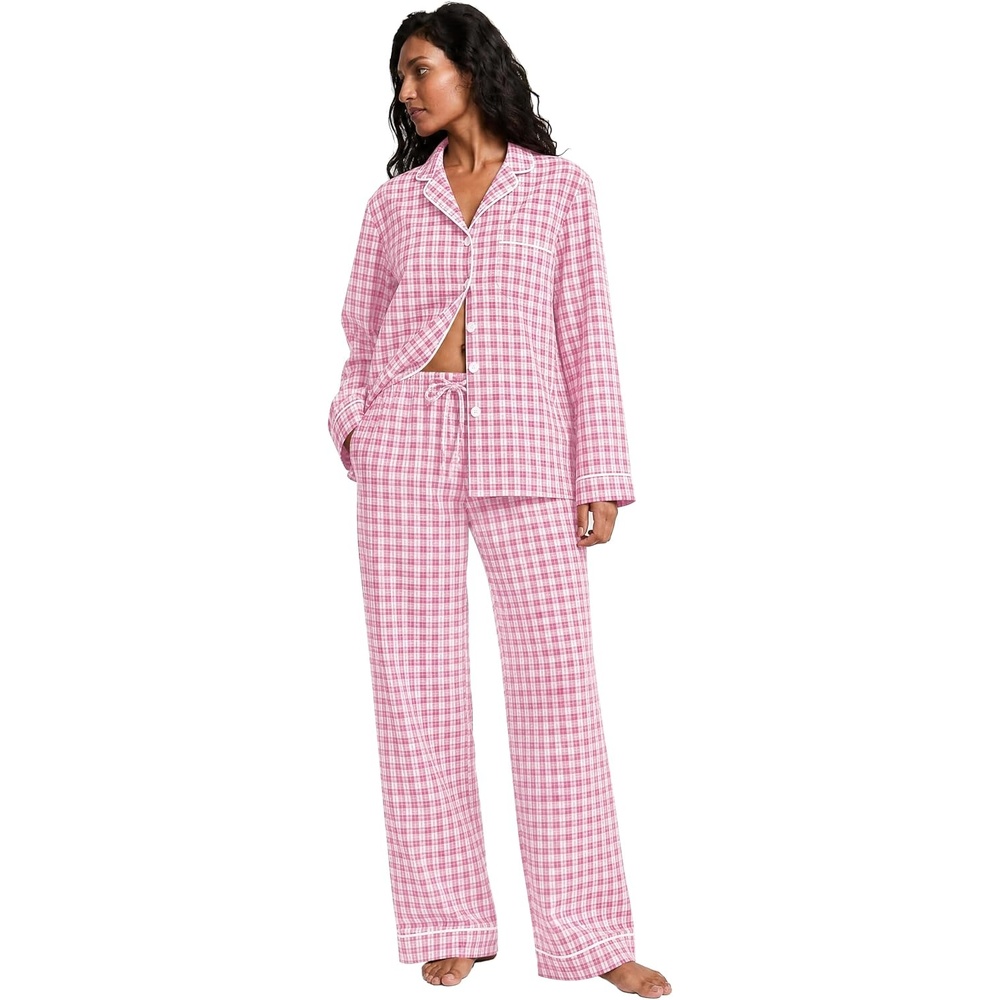 image:imageSWOMOG Womens Cotton Pajama Sets Long Sleeve Button Down Striped Sleep SetPink Plaid