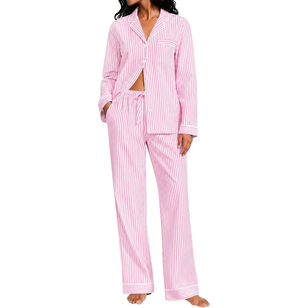 image:imageSWOMOG Womens Cotton Pajama Sets Long Sleeve Button Down Striped Sleep SetPink Stripe