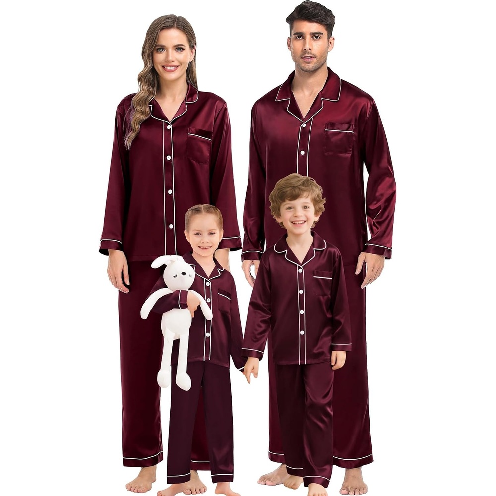 image:imageSWOMOGSilky Satin Family Matching Pajama Set Button Down 2 Pcs Pj SetDeep Wine Red