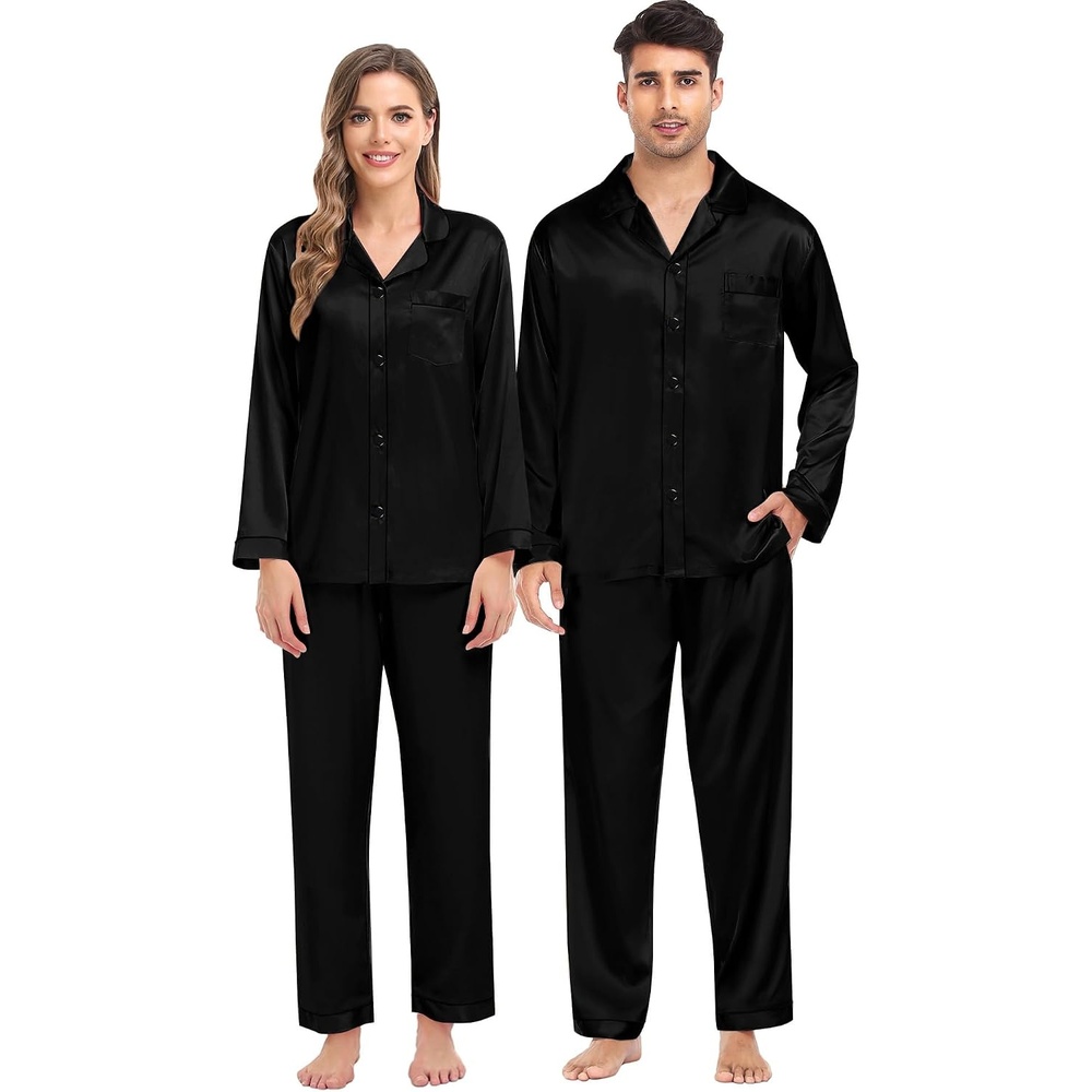 image:imageSWOMOGSilky Satin Family Matching Pajama Set Button Down 2 Pcs Pj SetPure Black