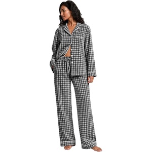 SWOMOG Women’s Cotton Pajama Sets Long Sleeve Button Down Striped Sleep Set(Black Plaid)