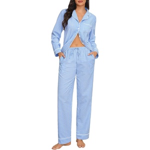 SWOMOG Women’s Cotton Pajama Sets Long Sleeve Button Down Striped Sleep Set(Blue Gingham)