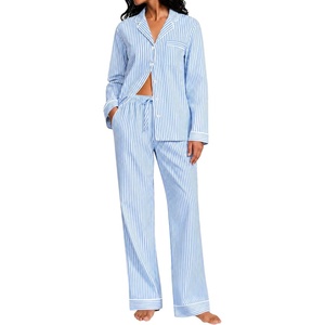 SWOMOG Women’s Cotton Pajama Sets Long Sleeve Button Down Striped Sleep Set(Blue Stripe)